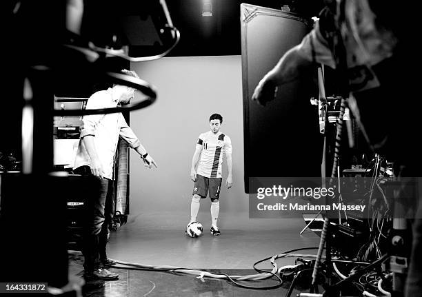 Tommy Oar of Australia in a behind the scenes look during a Socceroos portrait session, film and interview day at Fox Studios on March 21, 2013 in...