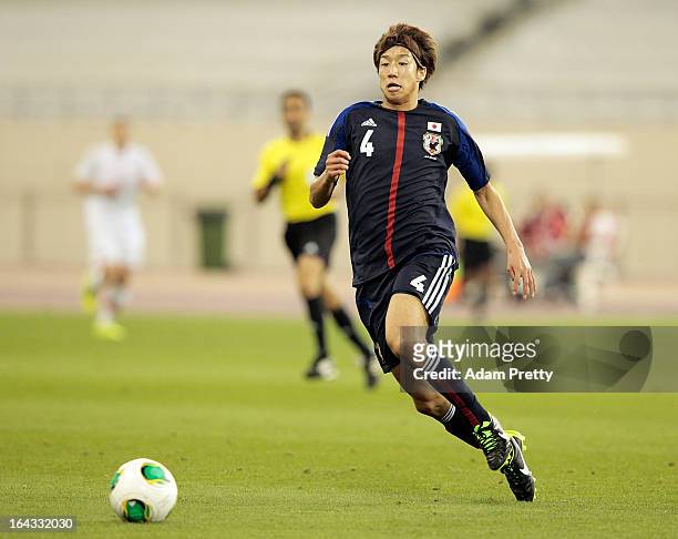 Yuki Otsu of Japan controls the ball during the international friendly match between Japan and Canada at Khalifa International Stadium on March 22,...