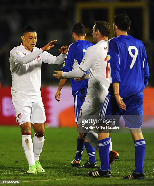 Alex Oxlade-Chamberlain of England celebrates his goal with Wayne Rooney during the FIFA 2014 World Cup Qualifier Group H match between San Marino...