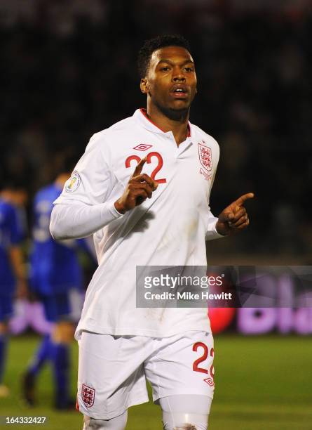 Daniel Sturridge of England celebrates his goal during the FIFA 2014 World Cup Qualifier Group H match between San Marino and England at Serravalle...