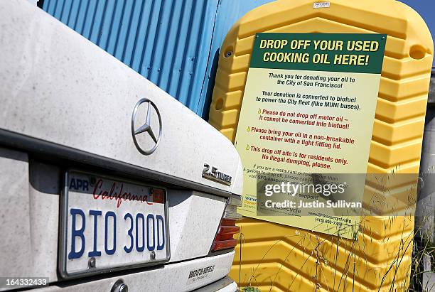 Mercedes with vanity plates sits in the parking lot at Dogpatch Biofuels on March 22, 2013 in San Francisco, California. According to a report by San...