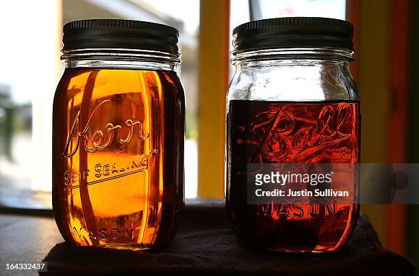 Samples of biodiesel sit in the office at Dogpatch Biofuels on March 22, 2013 in San Francisco, California. According to a report by San Francisco...