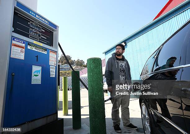 Nikolai Kunz pumps biodiesel into his car at Dogpatch Biofuels on March 22, 2013 in San Francisco, California. According to a report by San Francisco...