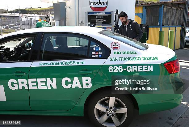 Taxi driver pumps biodiesel into his cab at Dogpatch Biofuels on March 22, 2013 in San Francisco, California. According to a report by San Francisco...