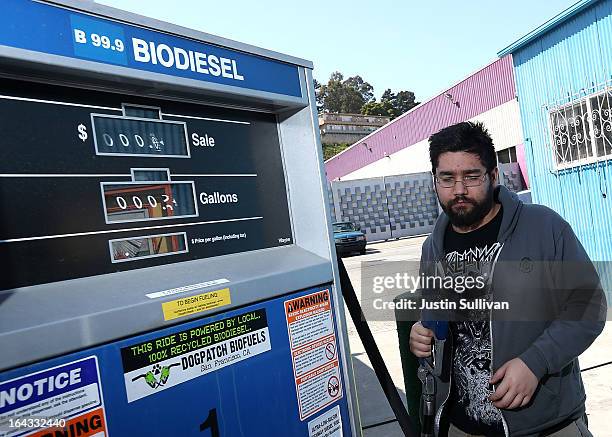 Nikolai Kunz prepares to pump biodiesel into his car at Dogpatch Biofuels on March 22, 2013 in San Francisco, California. According to a report by...