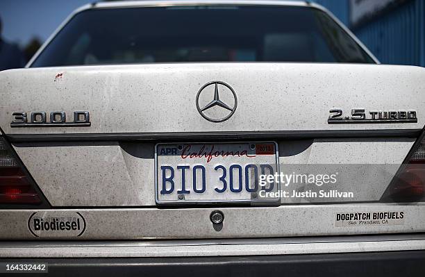 Mercedes with vanity plates sits in the parking lot at Dogpatch Biofuels on March 22, 2013 in San Francisco, California. According to a report by San...