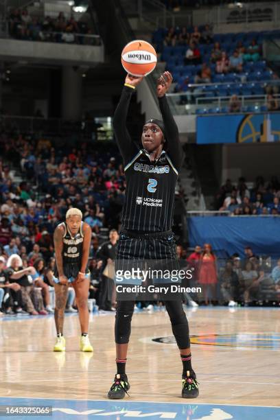 The Kahleah Copper of the Chicago Sky shoots a free throw during the game against the New York Liberty on September 3, 2023 at the Wintrust Arena in...