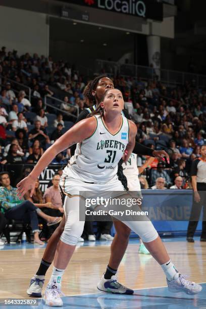 Stefanie Dolson of the New York Liberty boxes out during the game against the Chicago Sky on September 3, 2023 at the Wintrust Arena in Chicago, IL....