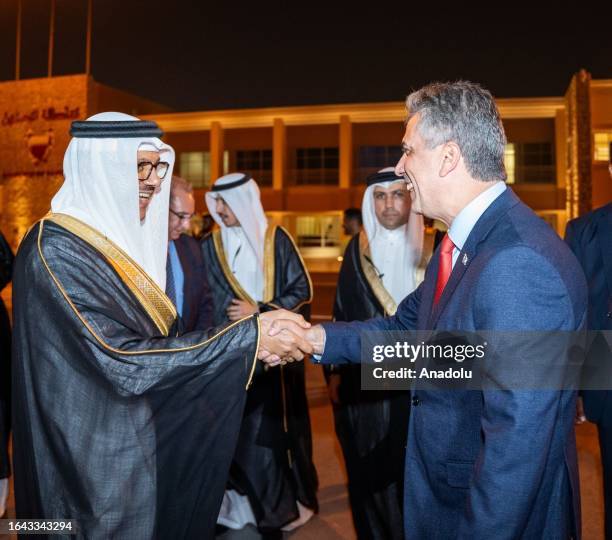 Bahrain Foreign Minister Abdullatif bin Rashid Alzayani welcomes Israeli Foreign Minister Eli Cohen at Bahrain International Airport in the capital...