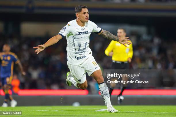 Gabriel Fernandez of Pumas celebrates after scoring the team's first goal during the 6th round match between Pumas UNAM and Tigres UANL as part of...