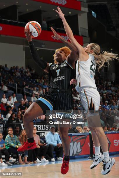 Taylor Soule of the Chicago Sky drives to the basket during the game against the New York Liberty on September 3, 2023 at the Wintrust Arena in...