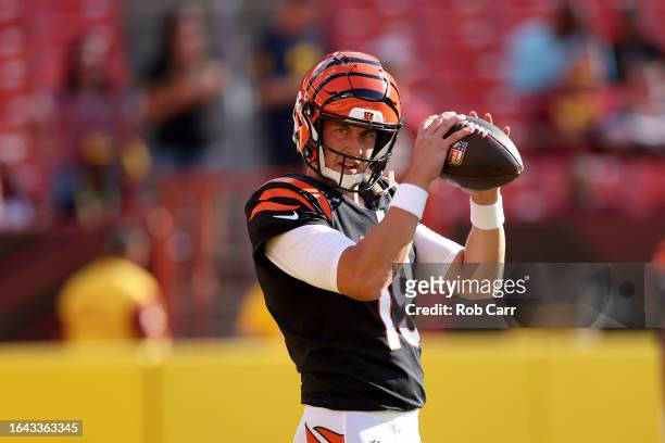 Quarterback Trevor Siemian of the Cincinnati Bengals warms up before the start of a preseason game against the Washington Commanders at FedExField on...
