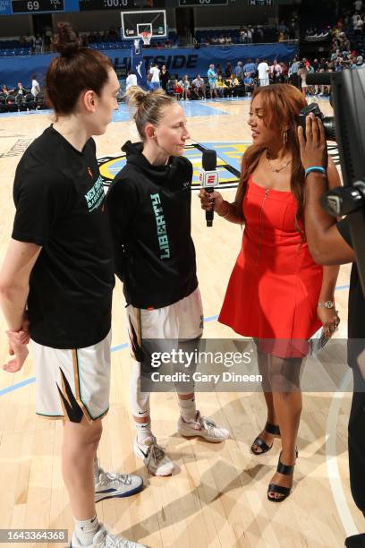 Courtney Vandersloot and Breanna Stewart of the New York Liberty talks to the media after the game against the Chicago Sky on September 3, 2023 at...