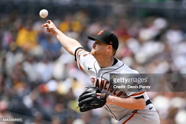 Alex Cobb of the San Francisco Giants pitches during the first inning of a baseball game against the San Diego Padres on September 3, 2023 at Petco...