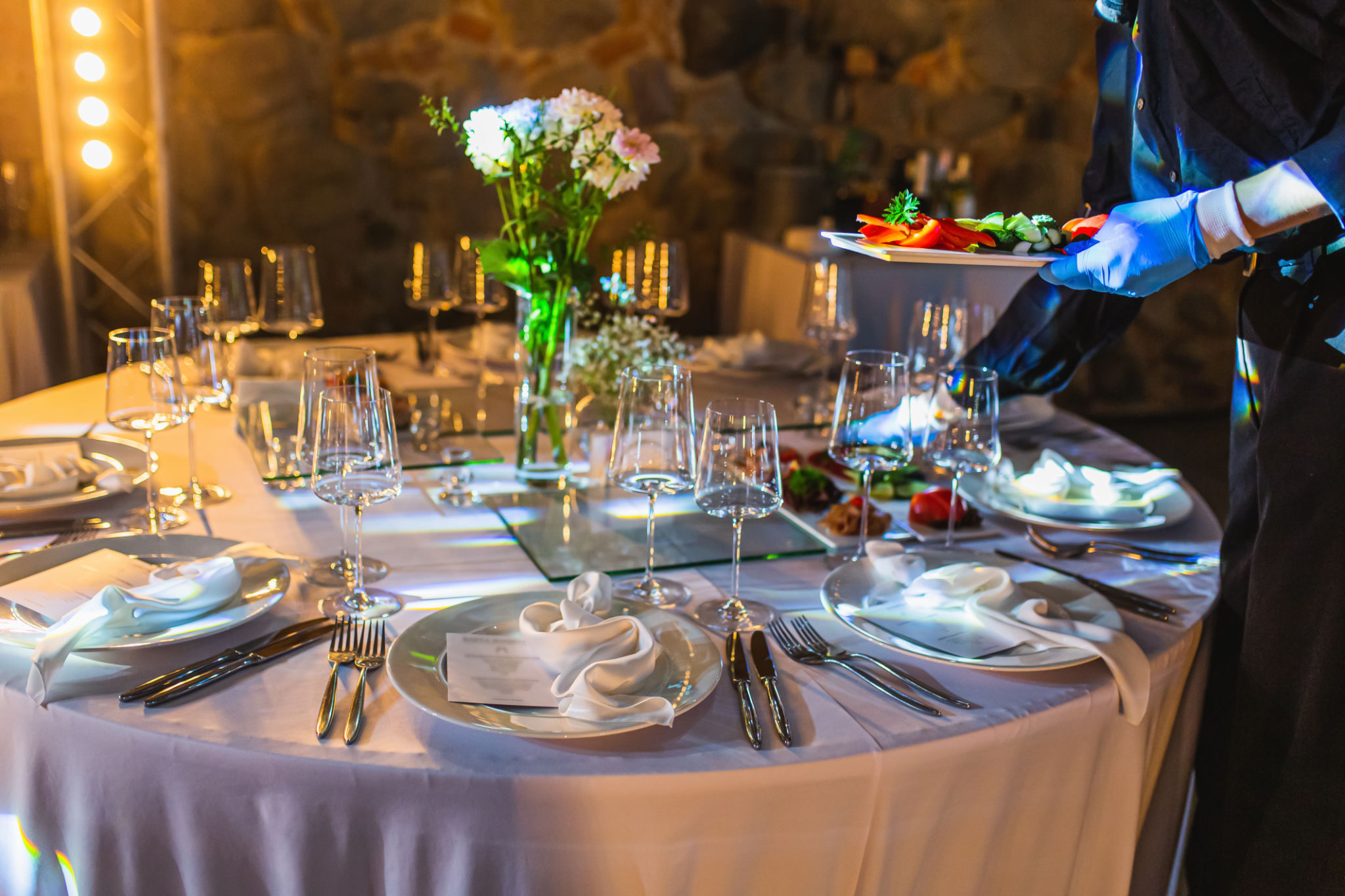 Table setting for event. Catering. Wedding table. Empty glasses Table setting for event. Catering. Wedding table. Empty glasses