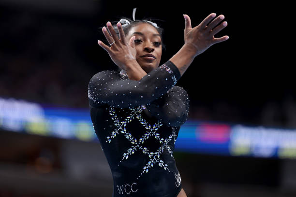 Simone Biles competes in the floor exercise on day four of the 2023 U.S. Gymnastics Championships at SAP Center on August 27, 2023 in San Jose,...