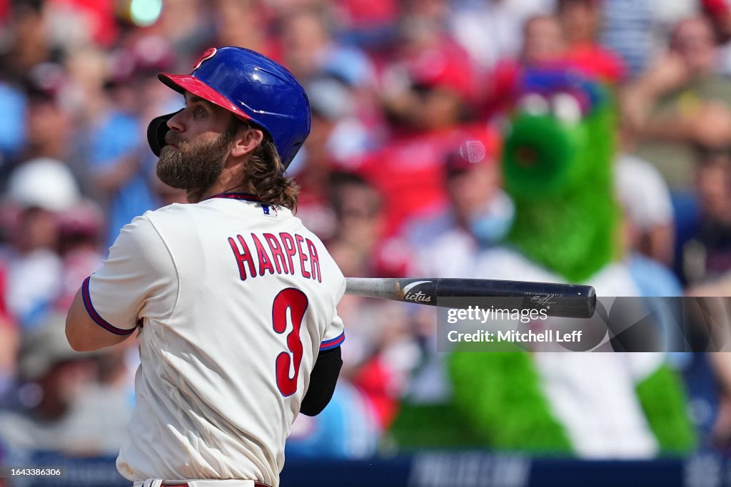 Bryce Harper of the Philadelphia Phillies bats as the Phillie News Photo  - Getty Images