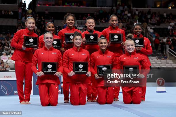 Members of the United States senior women's gymnastics team pose for photos on day four of the 2023 U.S. Gymnastics Championships at SAP Center on...