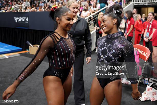 Jordan Chiles and Simone Biles meet on day four of the 2023 U.S. Gymnastics Championships at SAP Center on August 27, 2023 in San Jose, California.