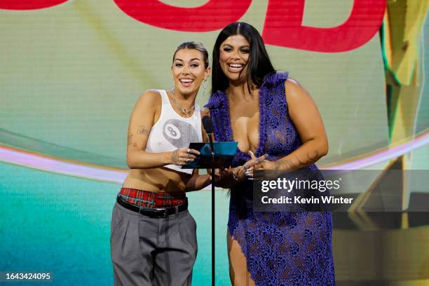 Brianna Chickenfry and Drew Afualo speak onstage during the 2023 Streamy Awards at Fairmont Century Plaza on August 27, 2023 in Los Angeles,...