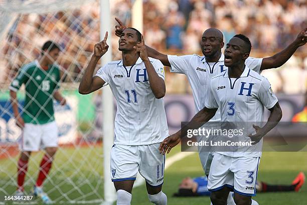 Jerry Bengtson and Maynor Figueroa of Honduras celebrates a goal during a match between Mexico and Honduras as part of the Concacaf Qualifiers at...