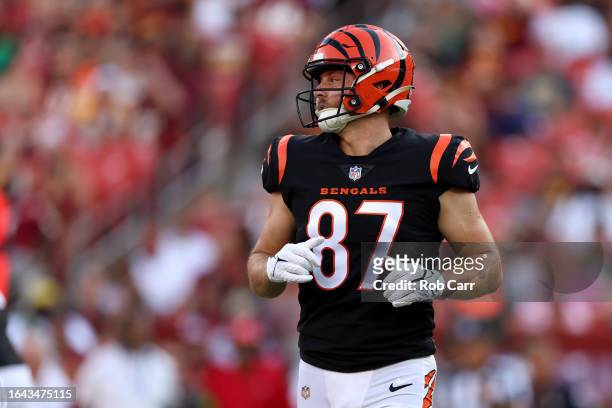 Tight end Tanner Hudson of the Cincinnati Bengals lines up against