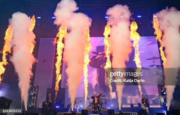 Mitchel Cave, Christian Anthony and Clinton Cave of Chase Atlantic perform on Day 3 of Leeds Festival 2023 at Bramham Park on August 27, 2023 in...