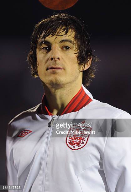 Leighton Baines of England lines up for the National Anthems prior to the FIFA 2014 World Cup Qualifier Group H match between San Marino and England...