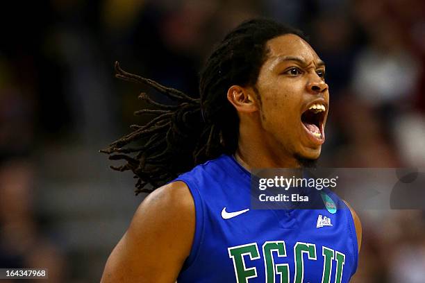 Sherwood Brown of the Florida Gulf Coast Eagles reacts in the second half against the Georgetown Hoyas\ during the second round of the 2013 NCAA...