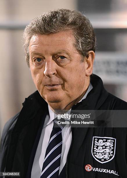 England coach Roy Hodgson looks on during the FIFA 2014 World Cup Qualifier Group H match between San Marino and England at Serravalle Stadium on...