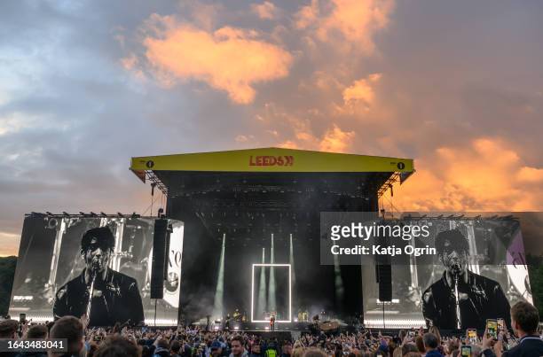 Matthew Healy, Adam Hann, Ross MacDonald and George Daniel of The 1975 perform on Day 3 of Leeds Festival 2023 at Bramham Park on August 27, 2023 in...