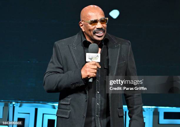 Steve Harvey speaks onstage during Day 2 of 2023 Invest Fest at Georgia World Congress Center on August 27, 2023 in Atlanta, Georgia.