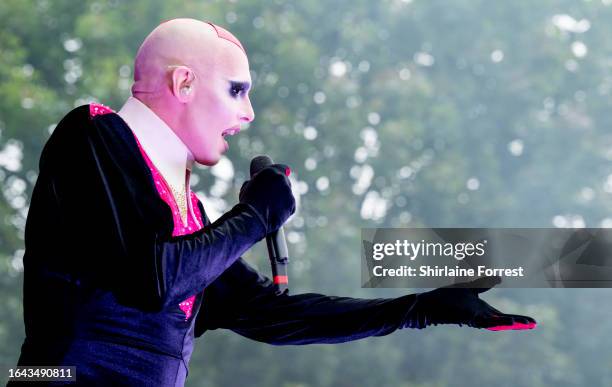 Cheddar Gorgeous performs at the Gay Village Party on the Village Stage during Manchester Pride 2023 on August 27, 2023 in Manchester, England.