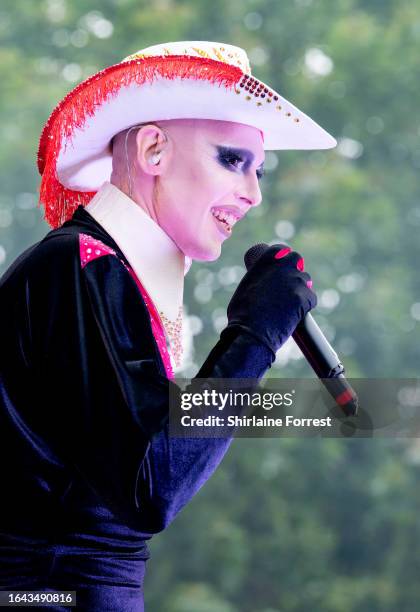 Cheddar Gorgeous performs at the Gay Village Party on the Village Stage during Manchester Pride 2023 on August 27, 2023 in Manchester, England.