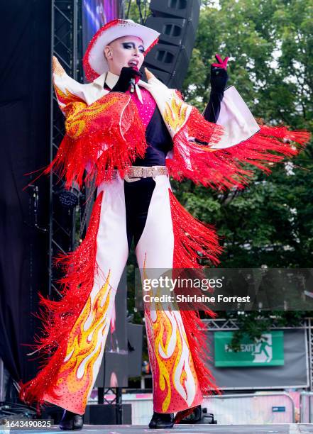 Cheddar Gorgeous performs at the Gay Village Party on the Village Stage during Manchester Pride 2023 on August 27, 2023 in Manchester, England.