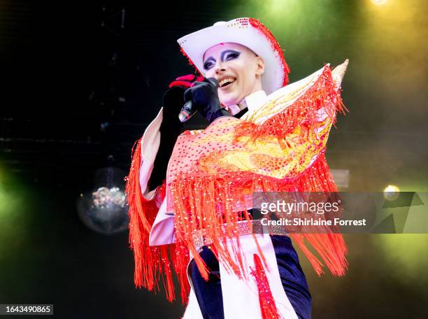 Cheddar Gorgeous performs at the Gay Village Party on the Village Stage during Manchester Pride 2023 on August 27, 2023 in Manchester, England.