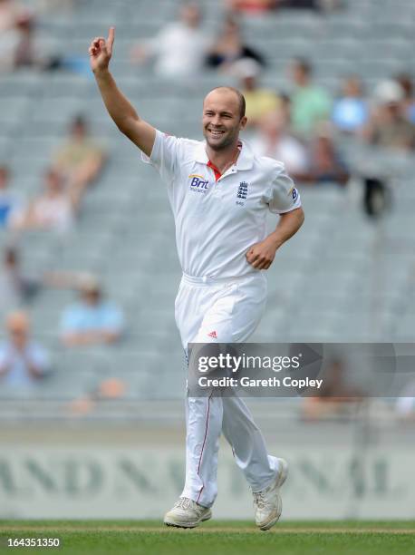 Jonathan Trott of England celebrates dismissing New Zealand captain Brendon McCullum during day two of the Third Test match between New Zealand and...