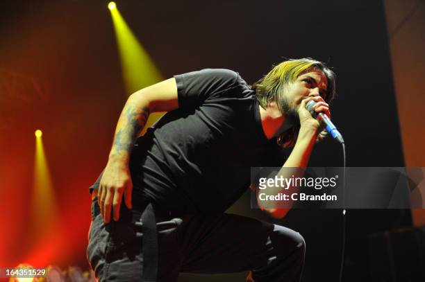 Nate Barcalow of Finch performs on stage at Brixton Academy on March 22, 2013 in London, England.