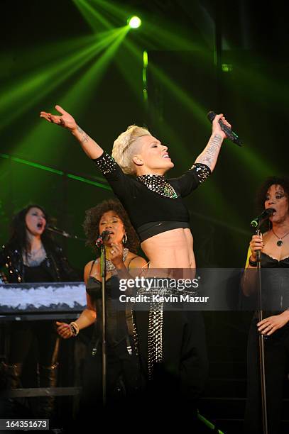 Nk performs during "The Truth About Love" tour at Madison Square Garden on March 22, 2013 in New York City.