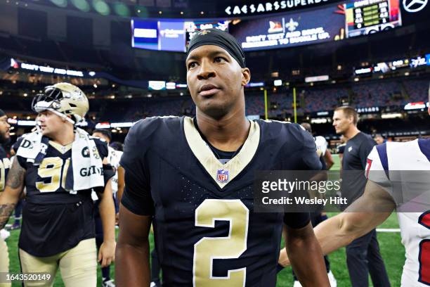 Jameis Winston of the New Orleans Saints walks off the field after the preseason game against the Houston Texans at Caesars Superdome on August 27,...