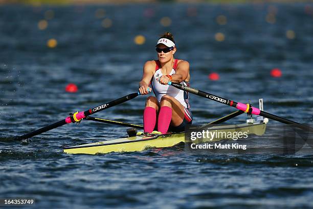 Zsuzsanna Francia of USA competes in the Women's Single Sculls repechage during day two of the 2013 Samsung World Cup at Sydney International Rowing...