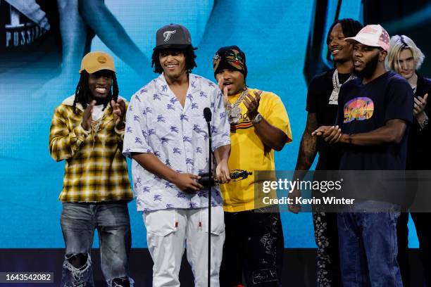 Kai Cenat, Agent 00, Fanum, Duke Dennis and Chrisnxtdoor of AMP accept the Streamy Award for Lifestyle onstage during the 2023 Streamy Awards at...