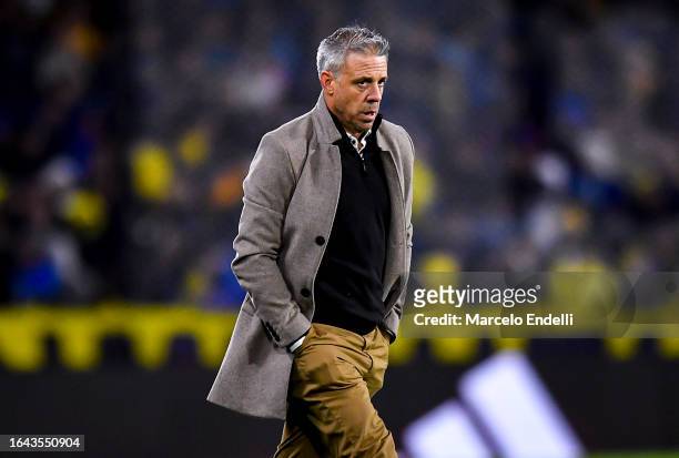 Lucas Pusineri coach of Tigre leaves the field after first half during a match between Boca Juniors and Tigre as part of Group B of Copa de la Liga...