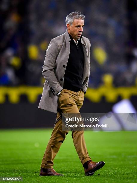 Lucas Pusineri coach of Tigre leaves the field after first half during a match between Boca Juniors and Tigre as part of Group B of Copa de la Liga...
