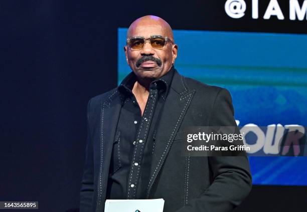 Steve Harvey speaks onstage during Day 2 of 2023 Invest Fest at Georgia World Congress Center on August 27, 2023 in Atlanta, Georgia.