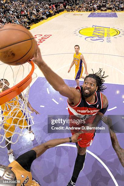 Nene of the Washington Wizards dunks against the Los Angeles Lakers at Staples Center on March 22, 2013 in Los Angeles, California. NOTE TO USER:...