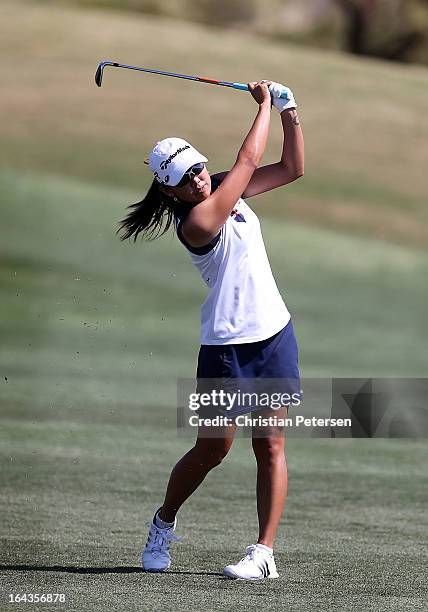 Mina Harigae plays a shot during the third round of the RR Donnelley LPGA Founders Cup at Wildfire Golf Club on March 16, 2013 in Phoenix, Arizona.