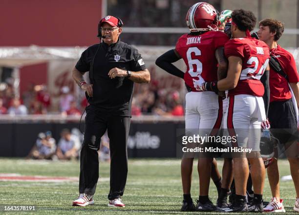 Head coach Tom Allen of the Indiana Hoosiers is seen during the game against the Ohio State Buckeyes at Memorial Stadium on September 2, 2023 in...
