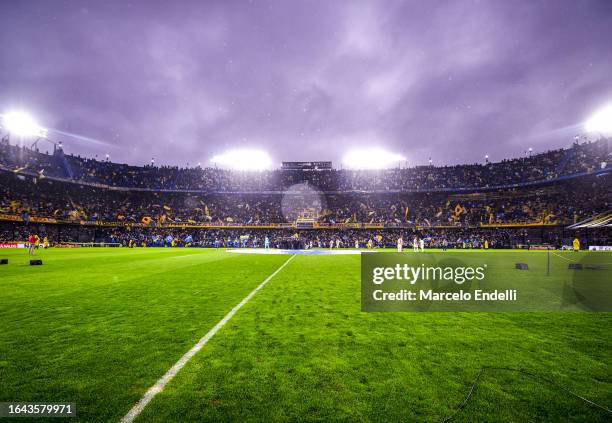 Fans of Boca Juniors cheer for their team prior to a match between Boca Juniors and Tigre as part of Group B of Copa de la Liga Profesional 2023 at...
