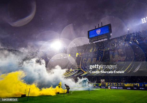 Fans of Boca Juniors cheer for their team prior to a match between Boca Juniors and Tigre as part of Group B of Copa de la Liga Profesional 2023 at...